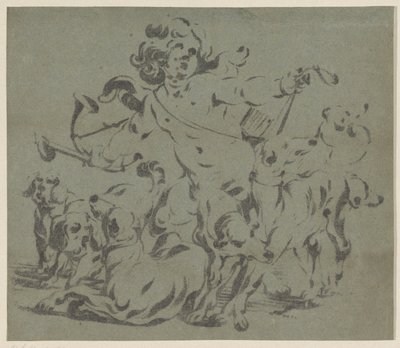 Amor als jager met honden door Antoine Sallaert