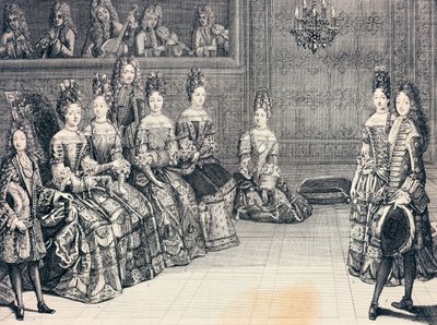 Hertog van Bourgondië, hertogin van Maine, prinses van Conti en hertogen van Chartres luisteren naar muziek (gravure, Frankrijk) door Antoine Trouvain