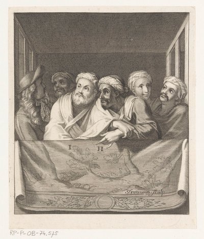Vijf mannen met tulband en een met hoed in een loge achter een balustrade door Antoine Trouvain