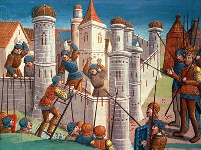 Scène uit een slag om Constantinopel te verdedigen, uit Ogier le Danois door Antoine Verard