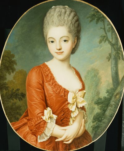 Portret van een jonge dame, half lengte, in een rode jurk met strikken, in een park door Antoine Vestier