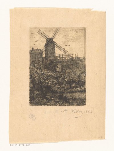 Gezicht op de Moulin de la Galette in Montmartre door Antoine Vollon (signed by artist)