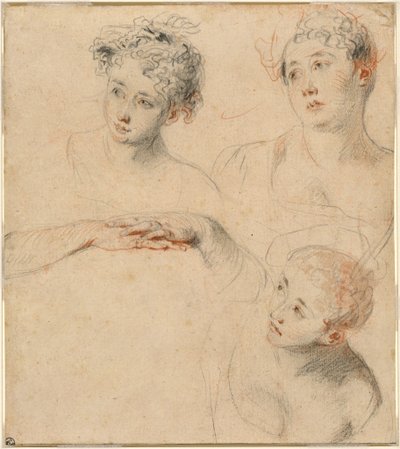 Drie Studies van een Vrouwenhoofd en een Studie van Handen [recto] door Antoine Watteau