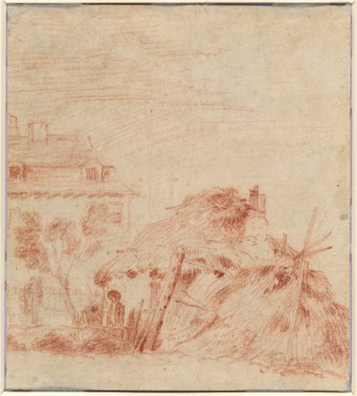 Uitzicht op een huis, een cottage en twee figuren door Antoine Watteau