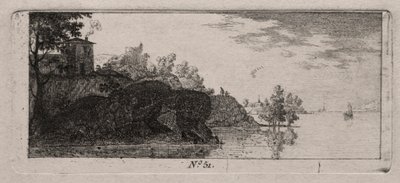Huisje op een rotsachtige voorgebergte langs een rivier door Antoine de Marcenay de Ghuy