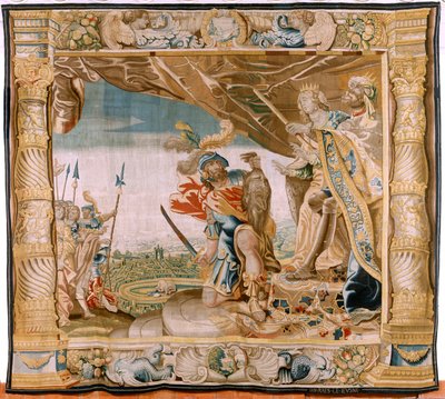 Verhaal van Theseus. Theseus presenteert het hoofd van de Minotaurus aan de koning en koningin van Kreta. Zevende wandtapijt in de serie. door Antoine or Anthonis Sallaert