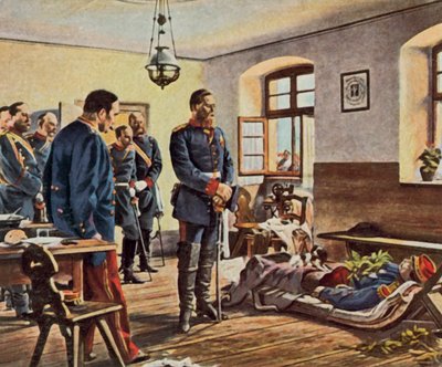 Kroonprins Friedrich Wilhelm bij het lichaam van generaal Douay, 4 augustus 1870 (vergrote kleurenlitho) door Anton Alexander von (after) Werner