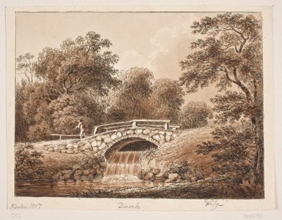 Bospartij met brug over beek door Anton Carl Dusch