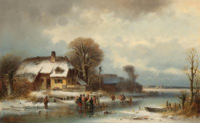 Winterlandschap met schaatsers door Anton Doll