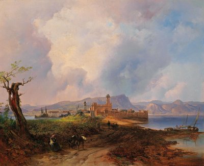Duits: Uitzicht op Castell Sermio, op het eiland Sermione aan het Gardameer door Anton Hansch