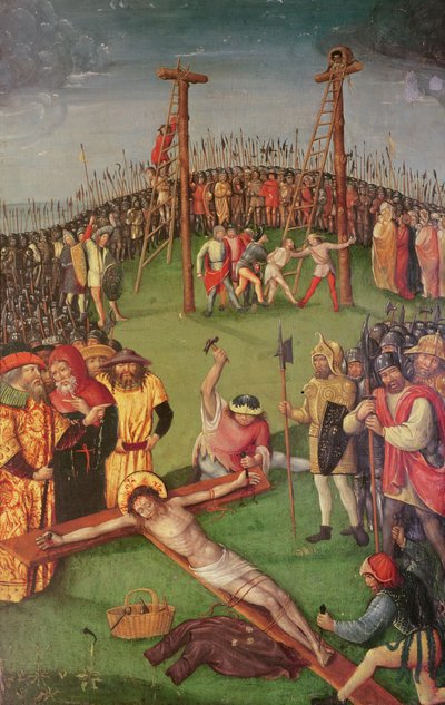 Christus wordt aan het kruis genageld, uit Scènes uit het leven van Christus door Anton Henkel