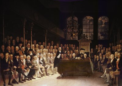 William Pitt spreekt het Lagerhuis toe over de Franse oorlogsverklaring 1793 door Anton Hickel