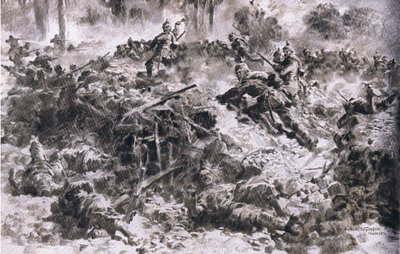 De Wuenttembergse Koningsgrenadiers doorbreken vijandelijke stellingen in de Argonnes, uit De Geïllustreerde Geschiedenis van de Wereldoorlog 1914-1915 uitgegeven door Union Berlagsefellfchaft door Anton Hoffman
