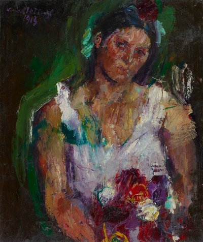 De vrouw van de kunstenaar met bloemen door Anton Kolig