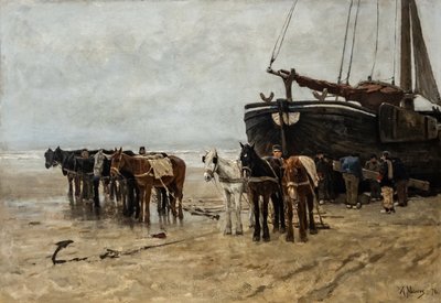 Dutch: Bomschuit met sleeppaarden op het strand van Scheveningen Fishing Boat with Tow Horses on Scheveningen Beach door Anton Mauve