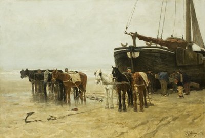 Dutch: Bomschuit met sleeppaarden op het strand van Scheveningen Fishing Boat with Tow Horses on Scheveningen Beach door Anton Mauve