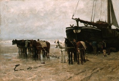 Dutch: Bomschuit met sleeppaarden op het strand van Scheveningen Fishing Boat with Tow Horses on Scheveningen Beach door Anton Mauve