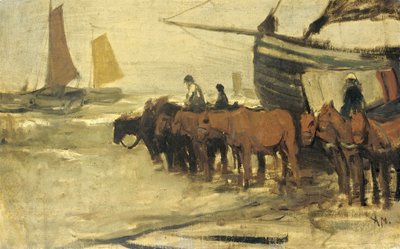 Een vissersvinger in de zee steken door Anton Mauve