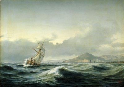 Zeegezicht met zeilschip in ruwe zee. Op de achtergrond een rotsachtige kust door Anton Melbye