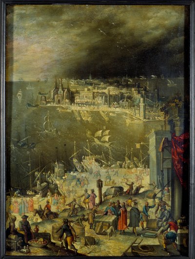Zicht op een zeehaven door Anton Mozart
