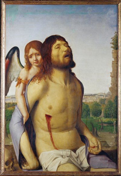 Dode Christus ondersteund door een engel (schilderij op hout) door Antonello da Messina