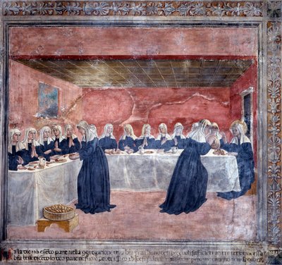 Leven van Sint Francesca Romana: Op een dag was er niet genoeg brood voor de gemeenschap, Francesca verzamelde de restjes, zegende ze, en er was genoeg om de vijftien die waren gebleven te voeden door Antoniazzo Romano