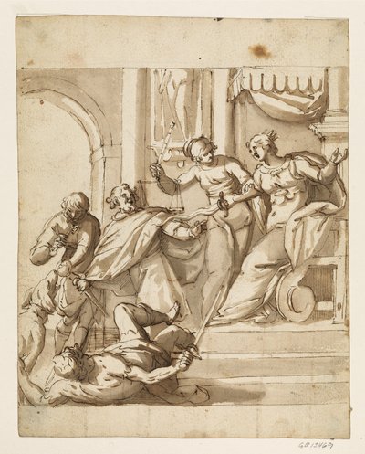 Allegorische compositie met Justitia die een troonende koningin weerhoudt van tussenkomst met haar zwaard in een gevecht tussen twee mannen voor de troon, terwijl een derde met een sleutel een hond voedt door Antonio Aliense
