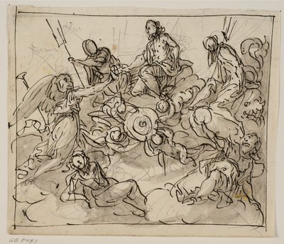Allegorische compositie met Venetië omringd door twee zeegoden, Faam en andere figuren door Antonio Aliense