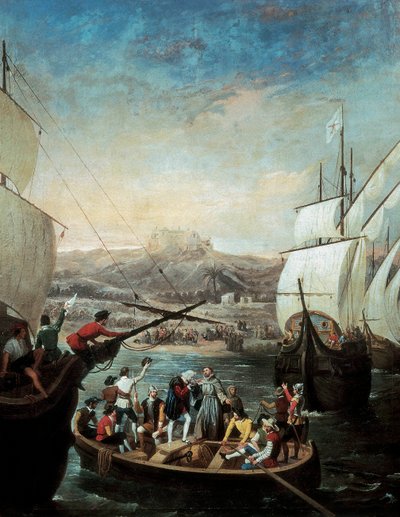 Vertrek van de drie karvelen van Christoffel Columbus door Antonio Cabral Bejarano