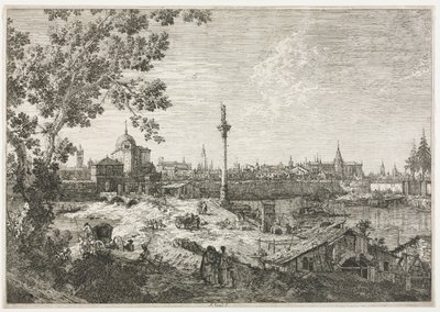 Panorama van een stad aan een rivier door Antonio Canaletto