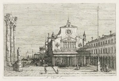 Zichten: Drie Kolommen en een Standbeeld aan de Zeekust door Antonio Canaletto