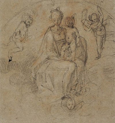 Madonna en kind in de wolken geflankeerd door twee putti door Antonio Cimatori