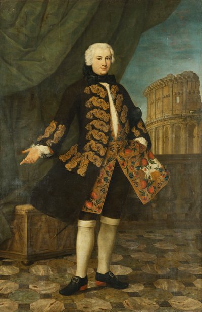 Portret van William Perry, 21 Jaar, Staand, Volledige Lengte, in een Goud Geborduurde Bruine Jas, bij een Balustrade, met het Colosseum op de Achtergrond door Antonio David
