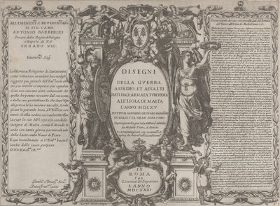 Frontispice voor Tekeningen van de oorlog, belegering en aanval van het Turkse leger op het eiland..., 1631 door Antonio Francesco Lucini