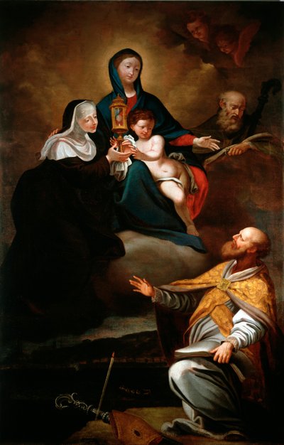 Maagd met kind, met Sint Erasmus van Formia, Sint Augustinus van Hippo en Sint Clara door Antonio Giolfi
