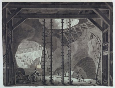 Toneelontwerp, Mannen Bouwen Gebouw in Grot door Antonio Giuseppe Basoli