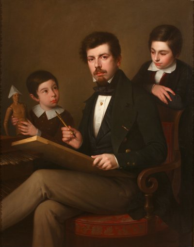 Zelfportret met zijn zonen Carlos en Vicente door Antonio María Esquivel