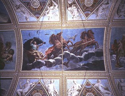 De personificatie van de nacht die door de lucht rijdt in een wagen, plafondschildering door Antonio Maria Viani