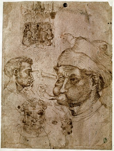 Vier mannenhoofden, waarvan twee met drie gezichten. Een altaarstuk. Een paard. Tekeningen uit het atelier van Antonio di Puccio Pisano, genaamd Pisanello (1395-1455). Bruine inkt, pen (tekening), bloed. Dim: 27,1x20,5cm. Louvre, Cabinet des medailles. door Antonio Pisanello