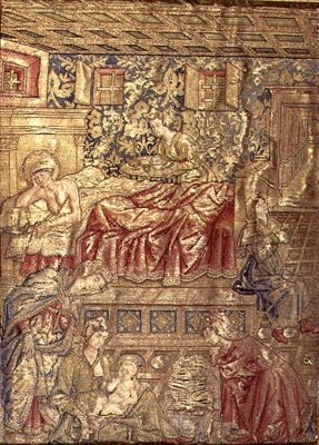 De geboorte van Johannes de Doper, wandtapijt met scènes uit het leven van de heilige door Antonio Pollaiuolo