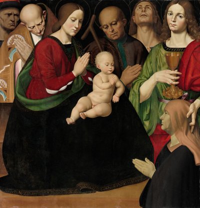 De Heilige Familie met vier heiligen en een vrouwelijke schenker, c. 1510 door Antonio Rimpacta