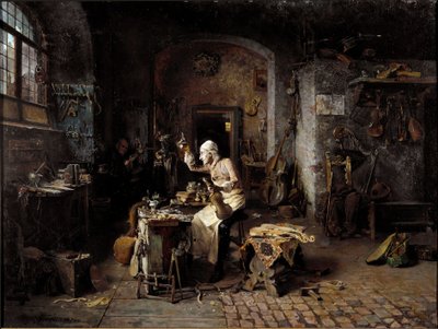 De Italiaanse vioolbouwer Antonio Stradivari (Stradivarius) (1644-1737) in zijn werkplaats door Antonio Rinaldi