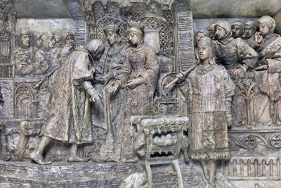 Columbus en de Katholieke Koningen, detail van de presentatie van Columbus aan de Katholieke Koningen in de Salon del Tinell in Barcelona door Antonio Susillo Fernandez