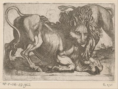 Een leeuw een stier aanvallend door Antonio Tempesta