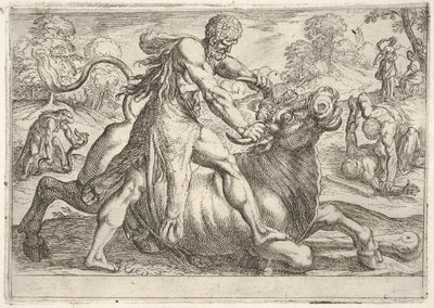 Hercules en Achelous: in het midden grijpt Hercules de hoorns van een stier terwijl hij zijn ri... door Antonio Tempesta