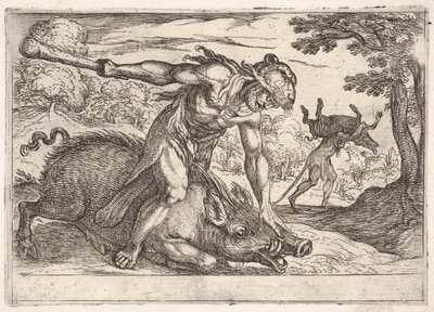 Hercules en het Erymanthische Zwijn: Hercules houdt de snuit van het zwijn vast met zijn linkerhand door Antonio Tempesta