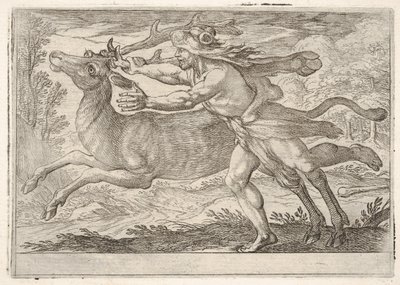 Hercules en de hinde van de berg Cerynea: Hercules loopt naast de hinde en grijpt de... door Antonio Tempesta