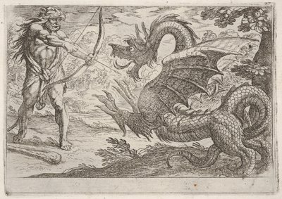 Hercules en de slang Ladon: Hercules spant zijn boog, de oprijzende slang verschijnt, 1608 door Antonio Tempesta