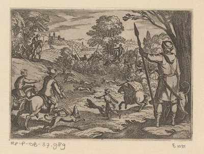 Jacht op konijnen met mannen die op konijnen jagen vanuit de struiken door Antonio Tempesta