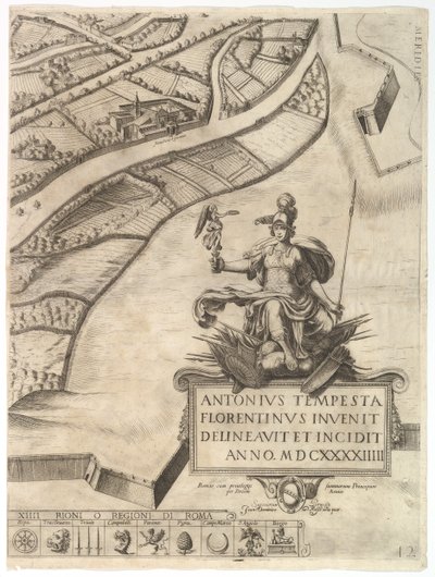 Plan van de stad Rome. Deel 12 met de zuidwestelijke grens van de stad en een grote kaart, 1645 door Antonio Tempesta